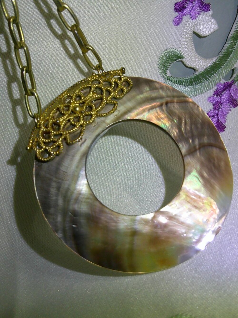 Vintage Shell Donut Pendant Necklace Gold Tone Filigree 26" Chain Barrel Clasp